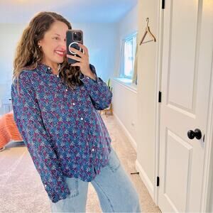 Vintage LL Bean Blue Floral Wrinkle Free Button Up Top Blouse XL